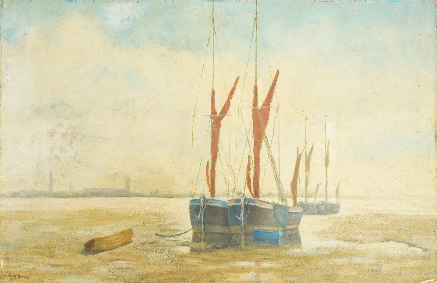 Modern British, oil on board, Beached fishing boats, indistinctly signed, unframed, 30 x 46cm. Condition - fair